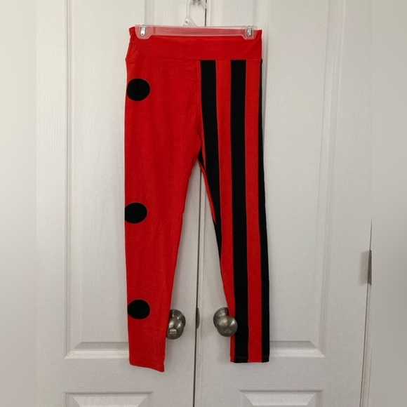 NWT LuLaRoe OS Halloween leggings red-orange black stripes dots harlequin - Picture 1 of 5
